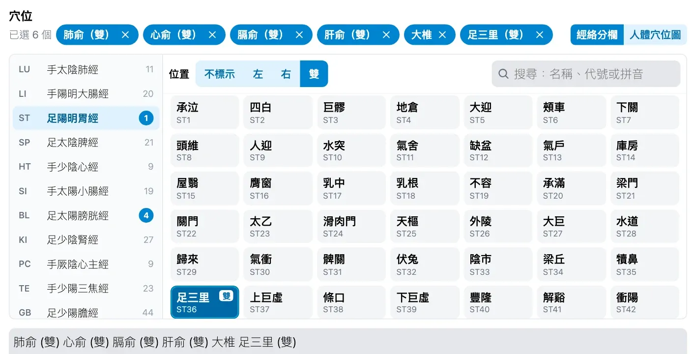 經絡分欄：每條經絡的穴位及已選數目（虛構資料）