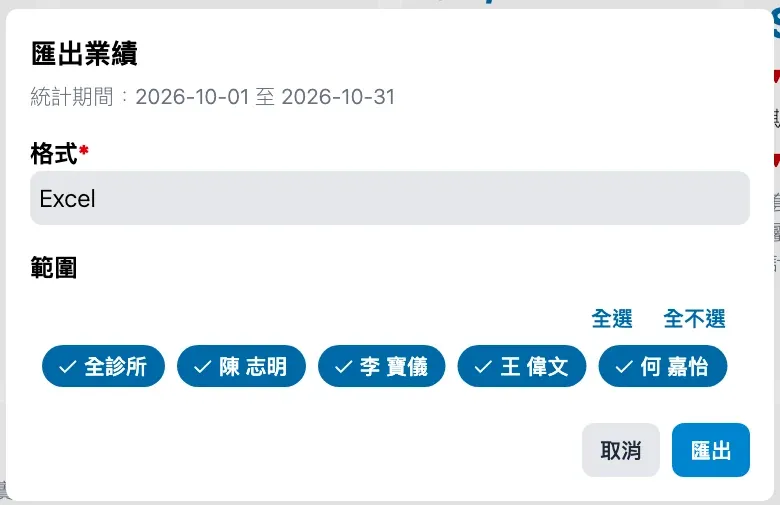 匯出業績:選擇格式及職員(虛構資料)